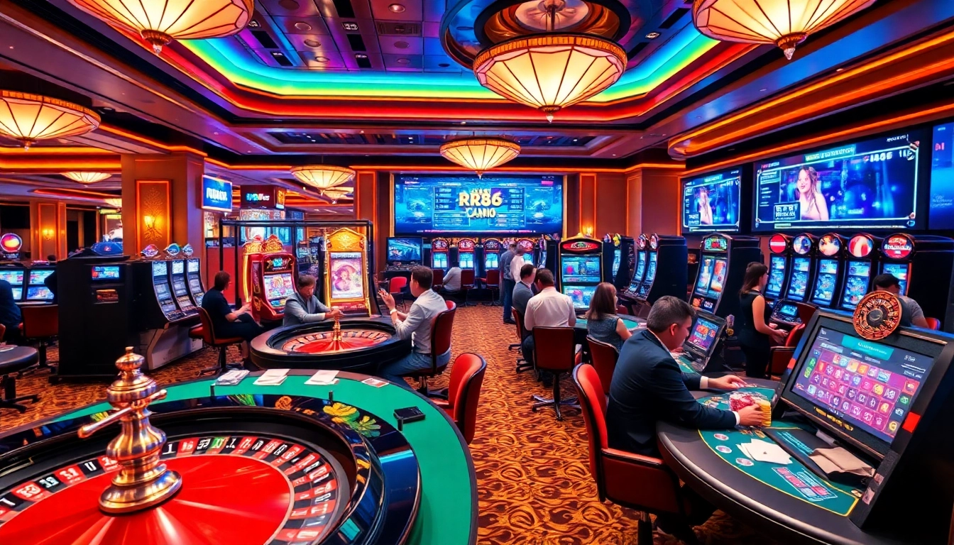 Players enjoying a thrilling gaming experience at rr88 com with vibrant slot machines and roulette tables.