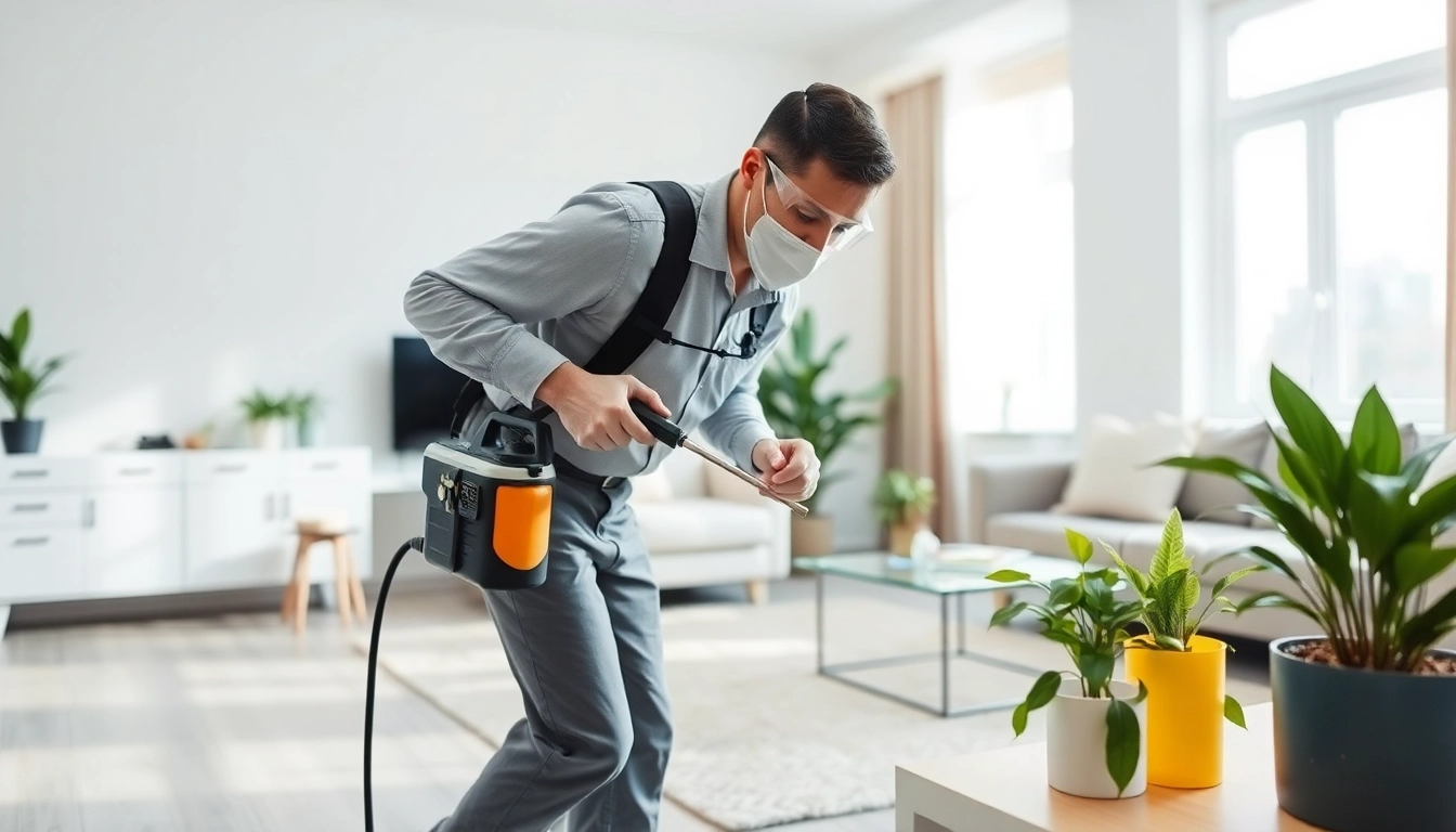 Residential exterminator service showcasing a professional in a clean home environment, using eco-friendly methods.