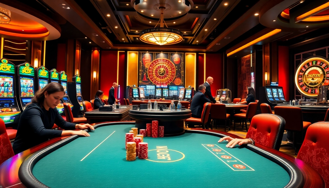 Engage with thrilling games at https://xx88csn.com/ with a vibrant casino atmosphere featuring poker tables and slot machines.