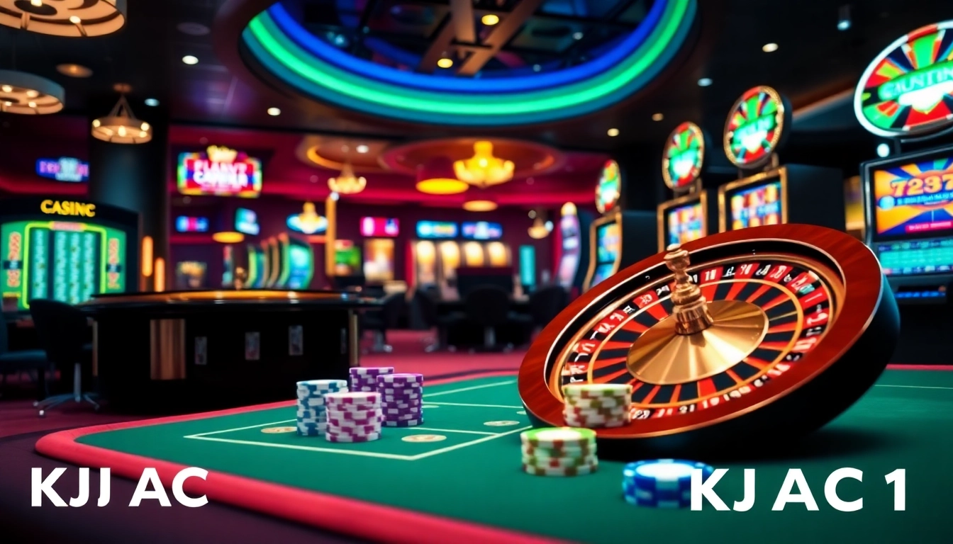 A lively casino environment with roulette and poker chips, highlighting KJC AC 1's vibrant gambling experience.
