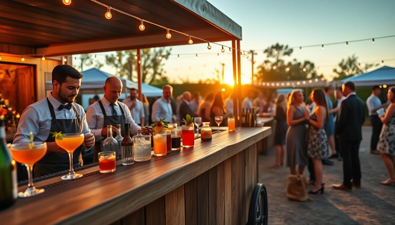 Mobile bar service at an outdoor event, featuring colorful cocktails amidst a vibrant setting.
