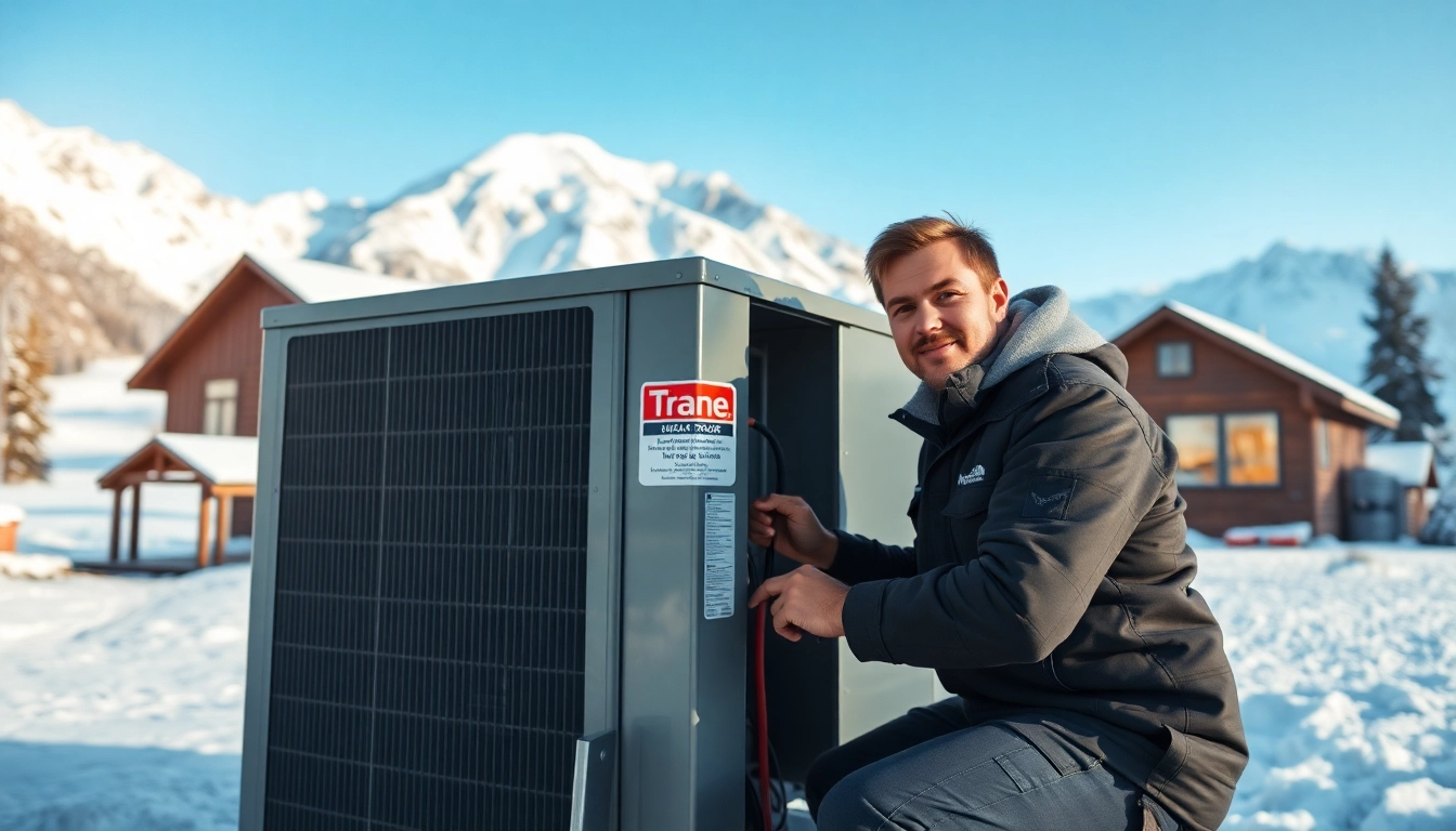 HVAC technician servicing a Trane Alberta unit in a snowy landscape.