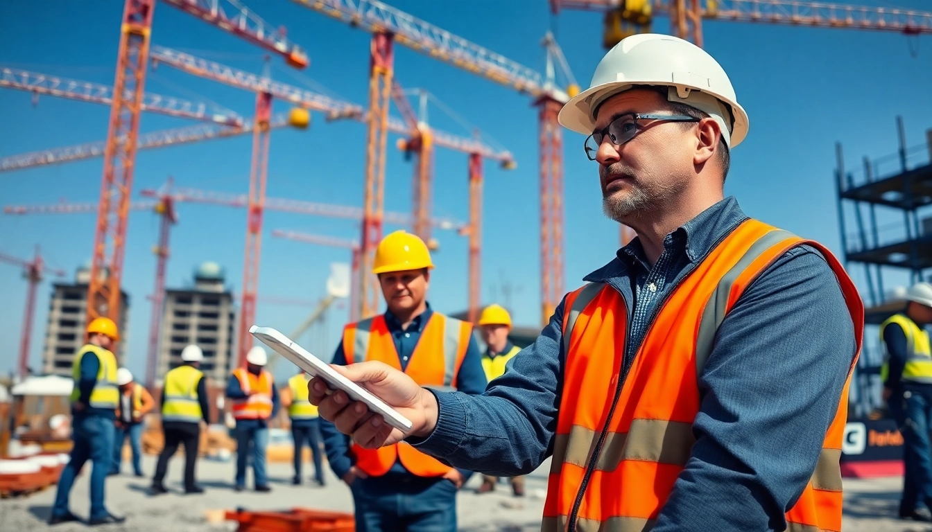 New Jersey Construction Manager overseeing a construction site with vibrant activity and teamwork.