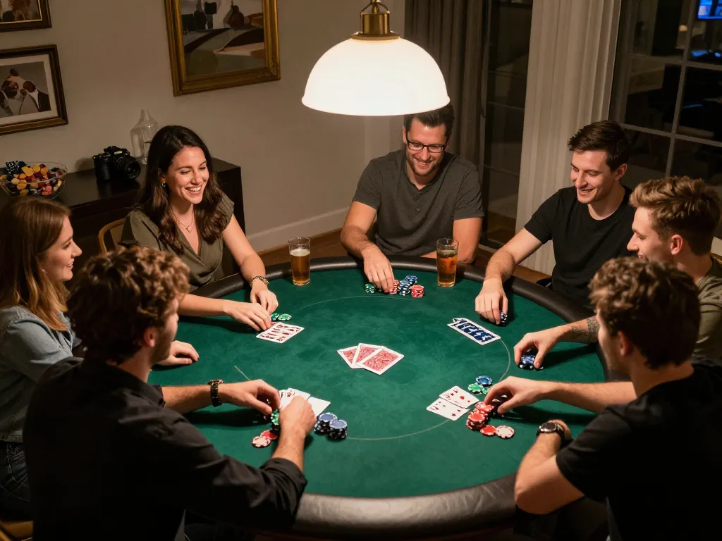 Friends engaged in a thrilling poker game at home, showcasing g28 strategies while enjoying a cozy atmosphere.