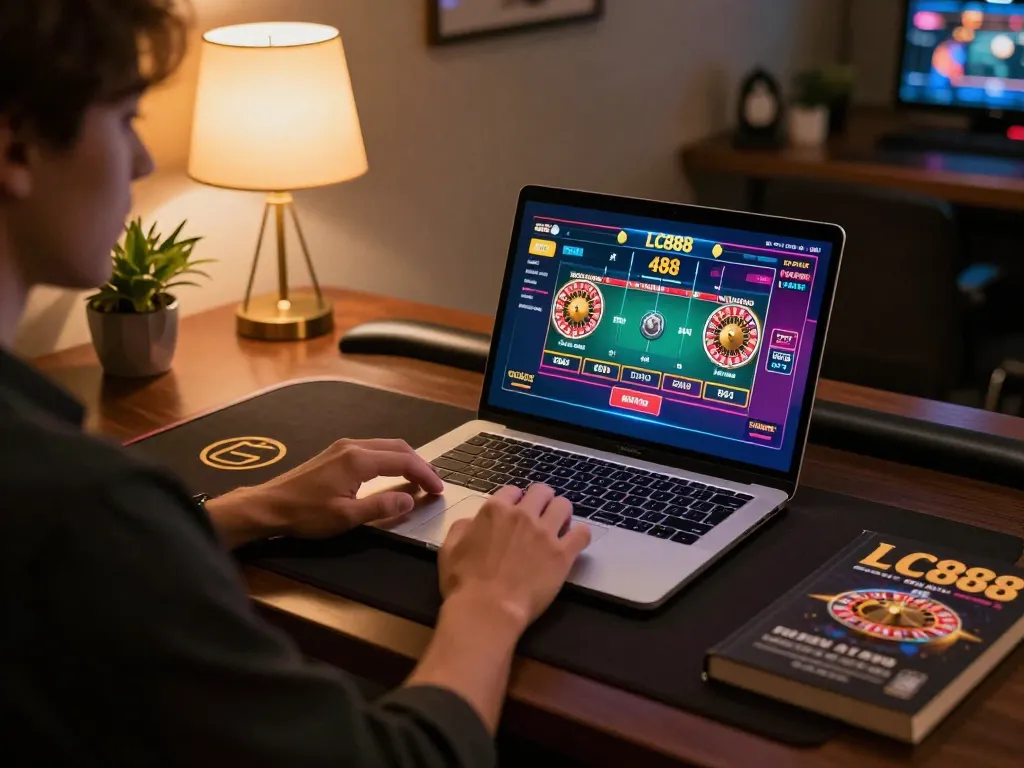 Playing a live dealer roulette game on laptop, highlighting the excitement of lc888 online gambling.