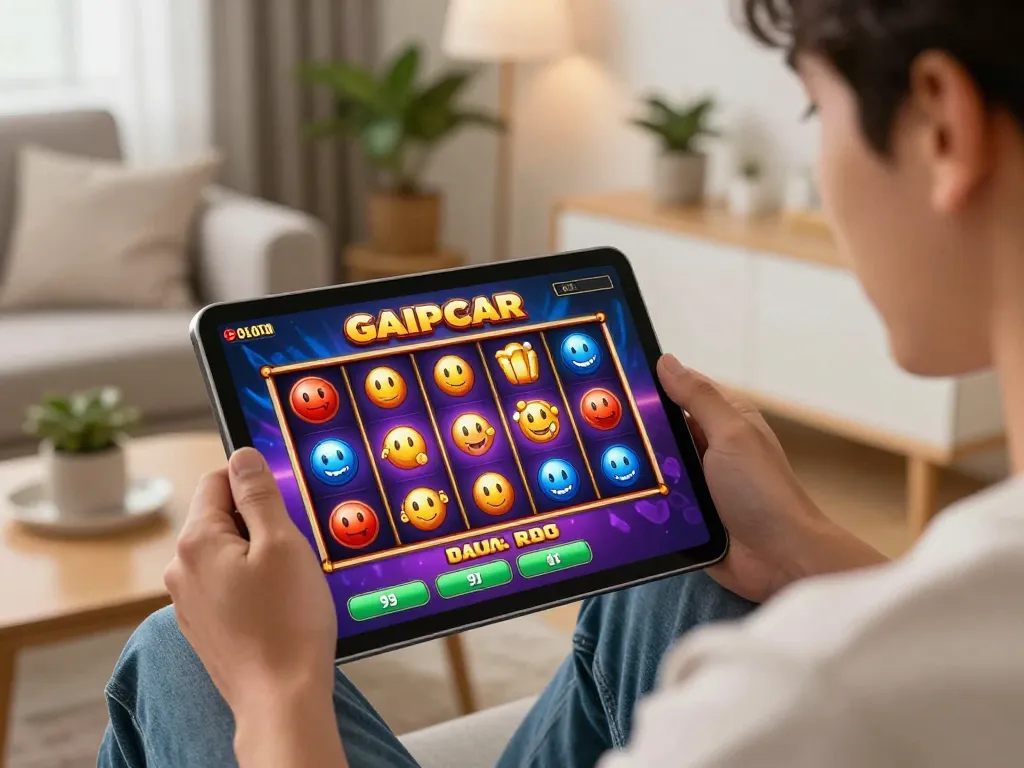 Player enjoying a thrilling slot gacor game on a tablet in warm, inviting living room.