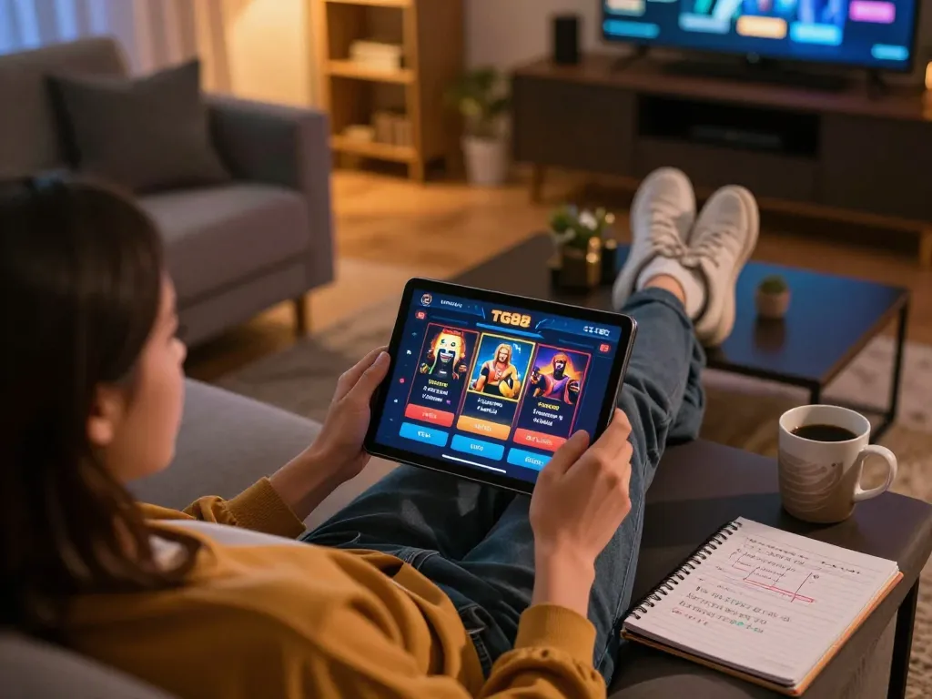 Person engaging with the TG88 casino app on a tablet in a cozy home setting