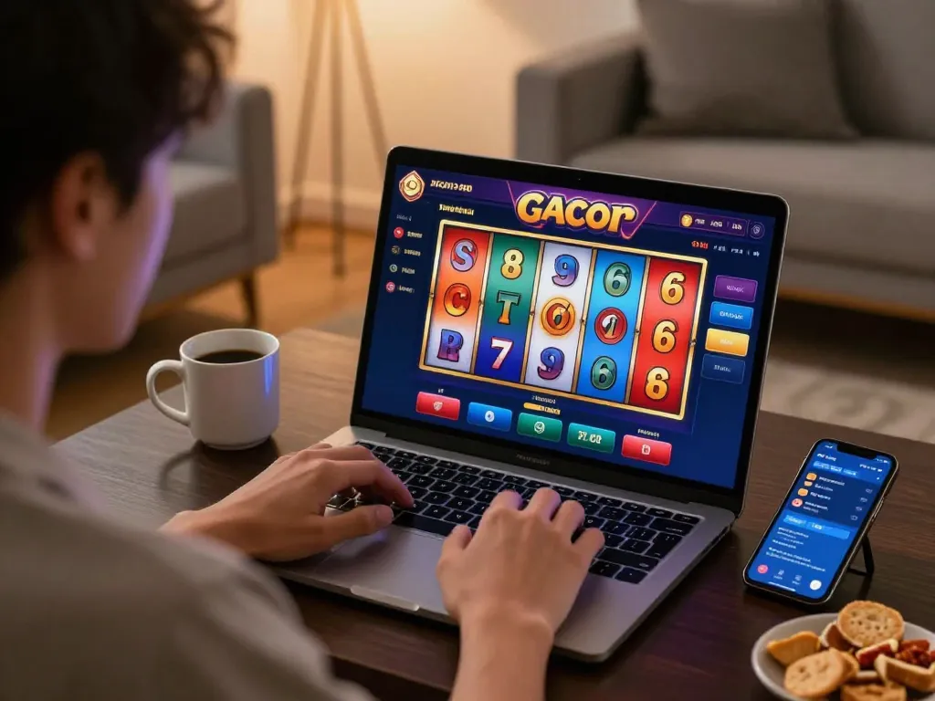 Engaging with slot gacor interface on laptop, showcasing online casino gaming setup.