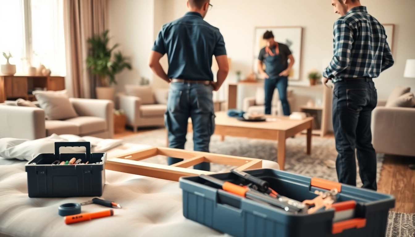 Showcasing assembly and installation services in a modern living room scene with skilled workers.
