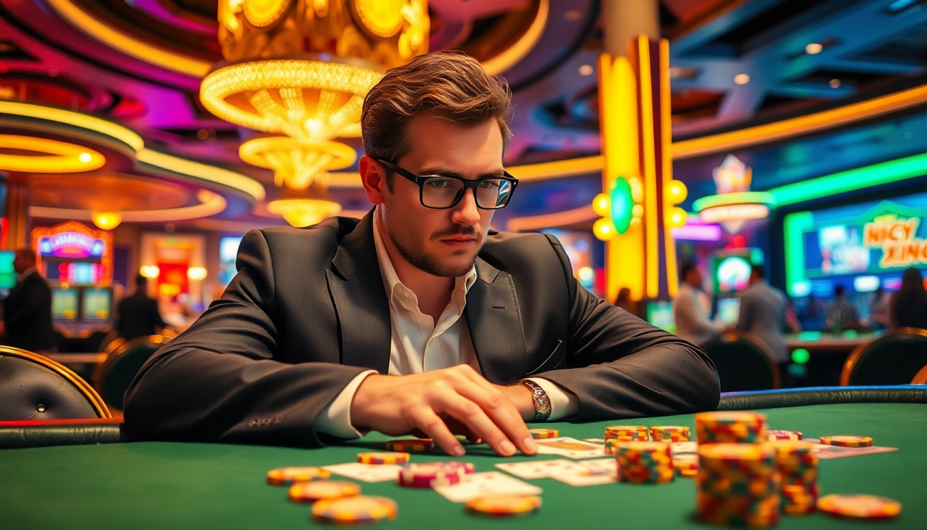 Engaged player focusing on a game at MM88 casino, showcasing vibrant Las Vegas atmosphere.