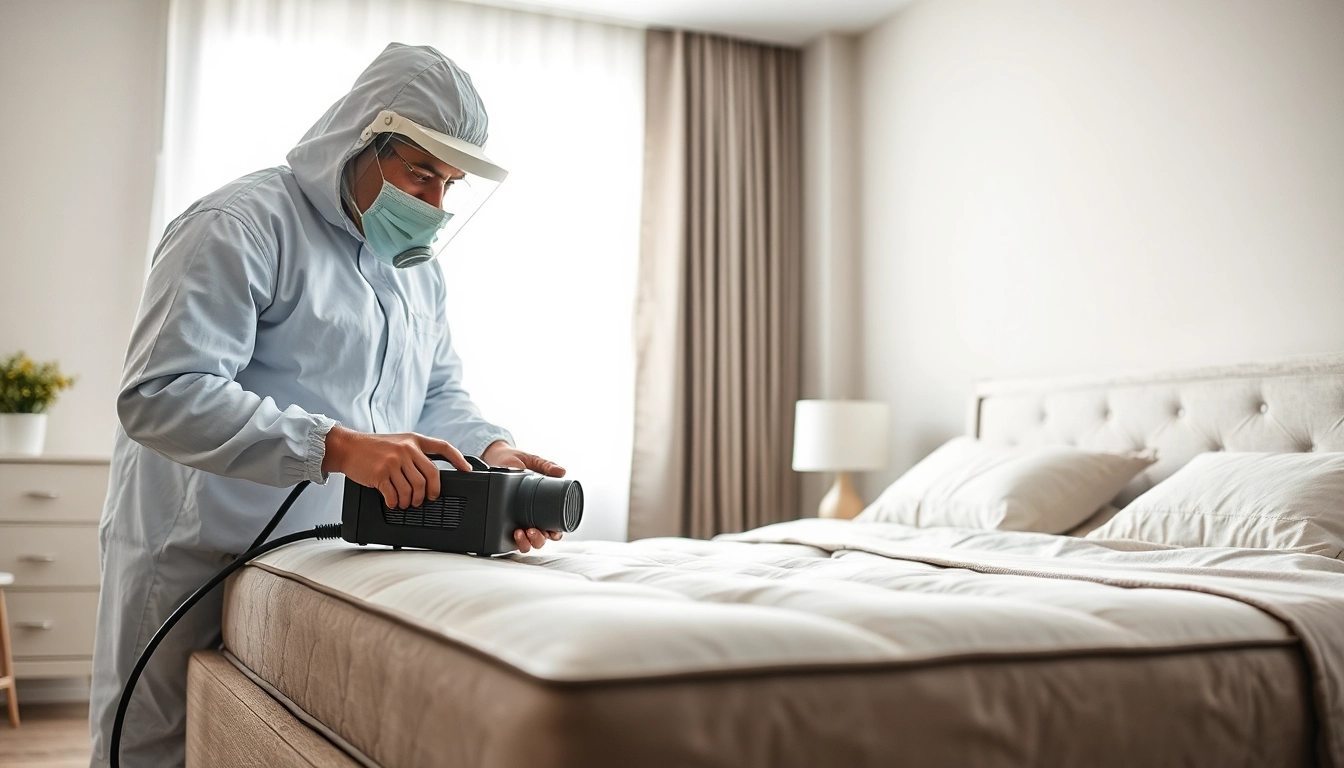 Bed bug exterminator demonstrating effective pest control in a bright, modern bedroom.