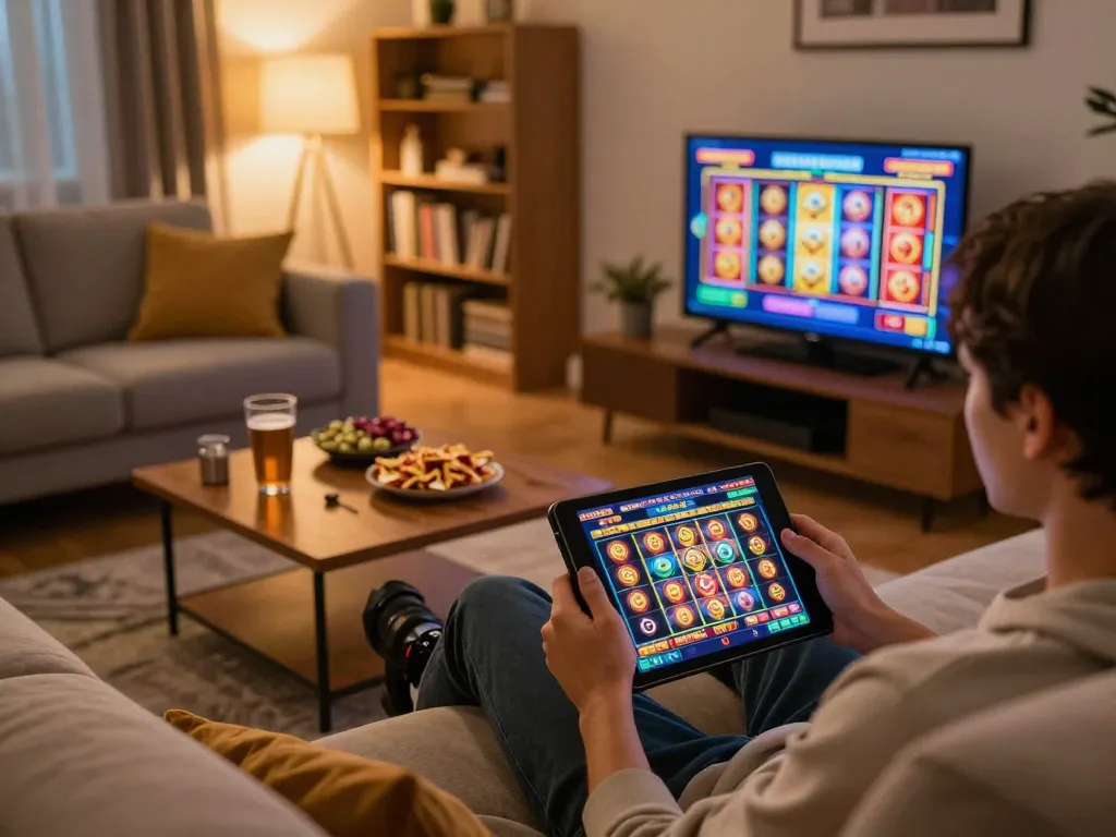 Engaged player at home using tablet for online gaming on https://98winn.net/ with colorful slot interface.