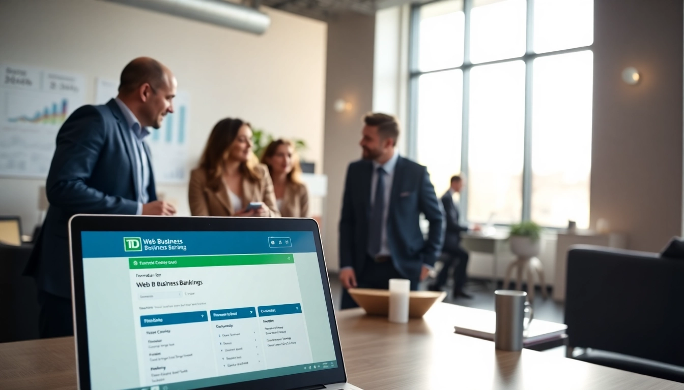 TD Web Business Banking interface in a modern office setting with professionals discussing strategy.