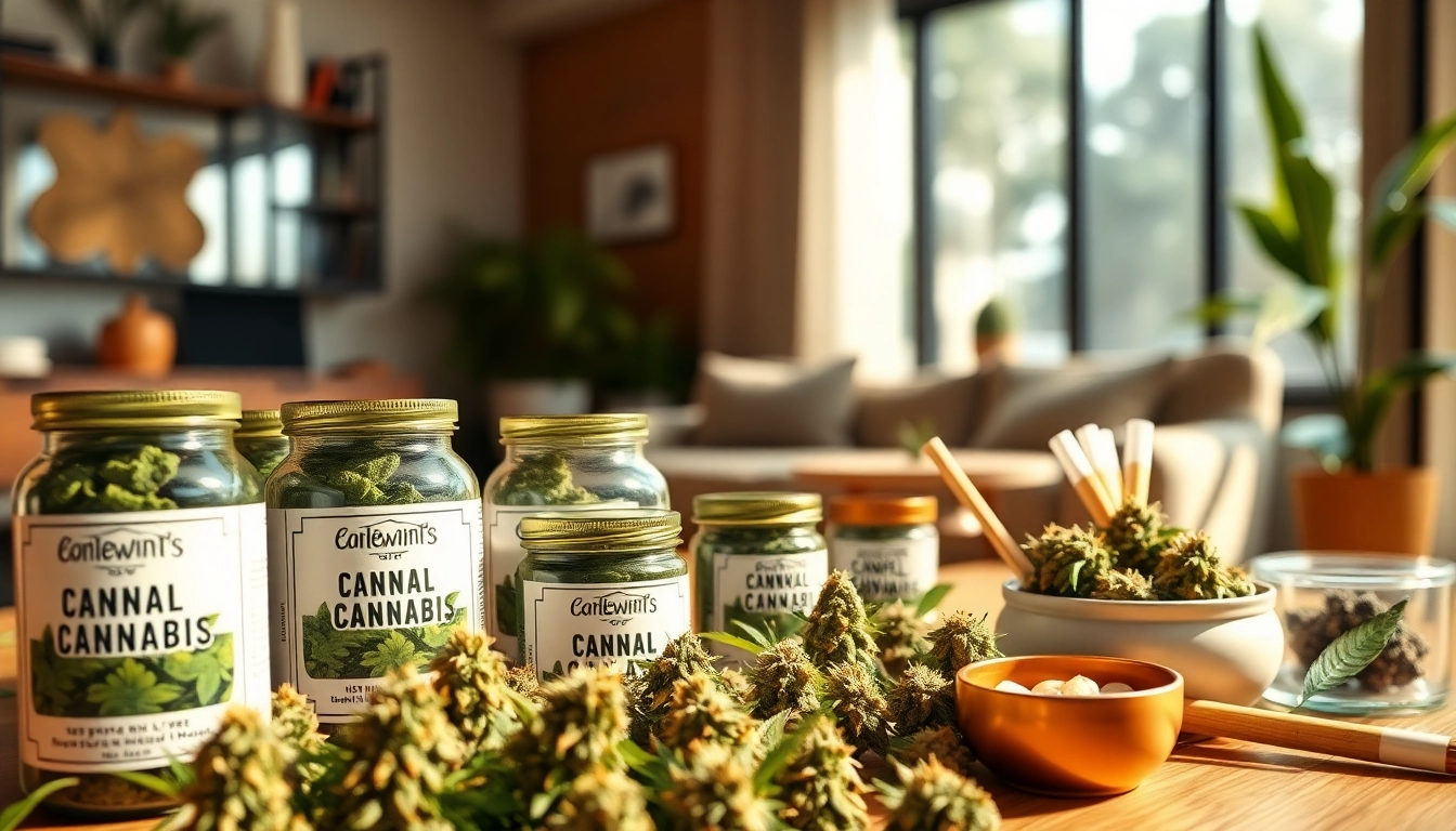 Engaging display showcasing weed uk sale cannabis products with vibrant strains and a modern setting.