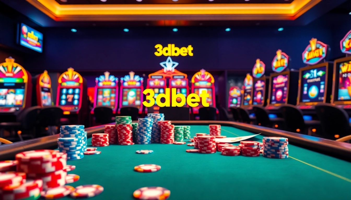 Experience the excitement of gambling at 3Dbet with vibrant slot machines and poker chips.