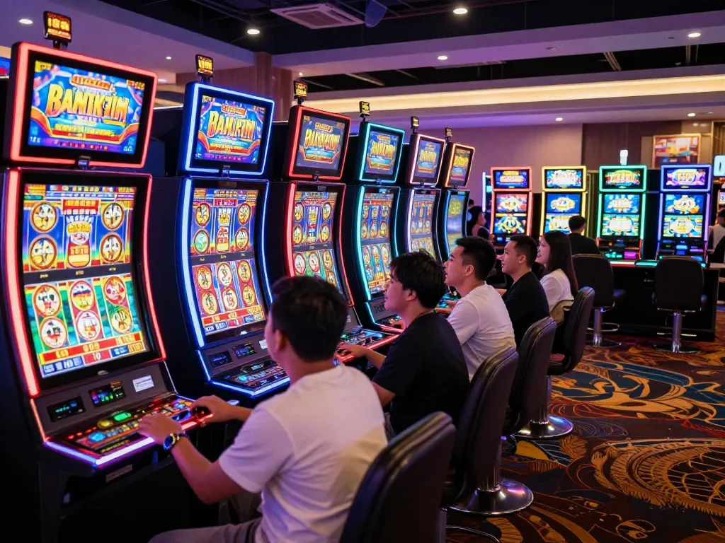 Experience the excitement of slot gacor hari ini with vibrant slot machines attracting players in a dynamic casino setting.