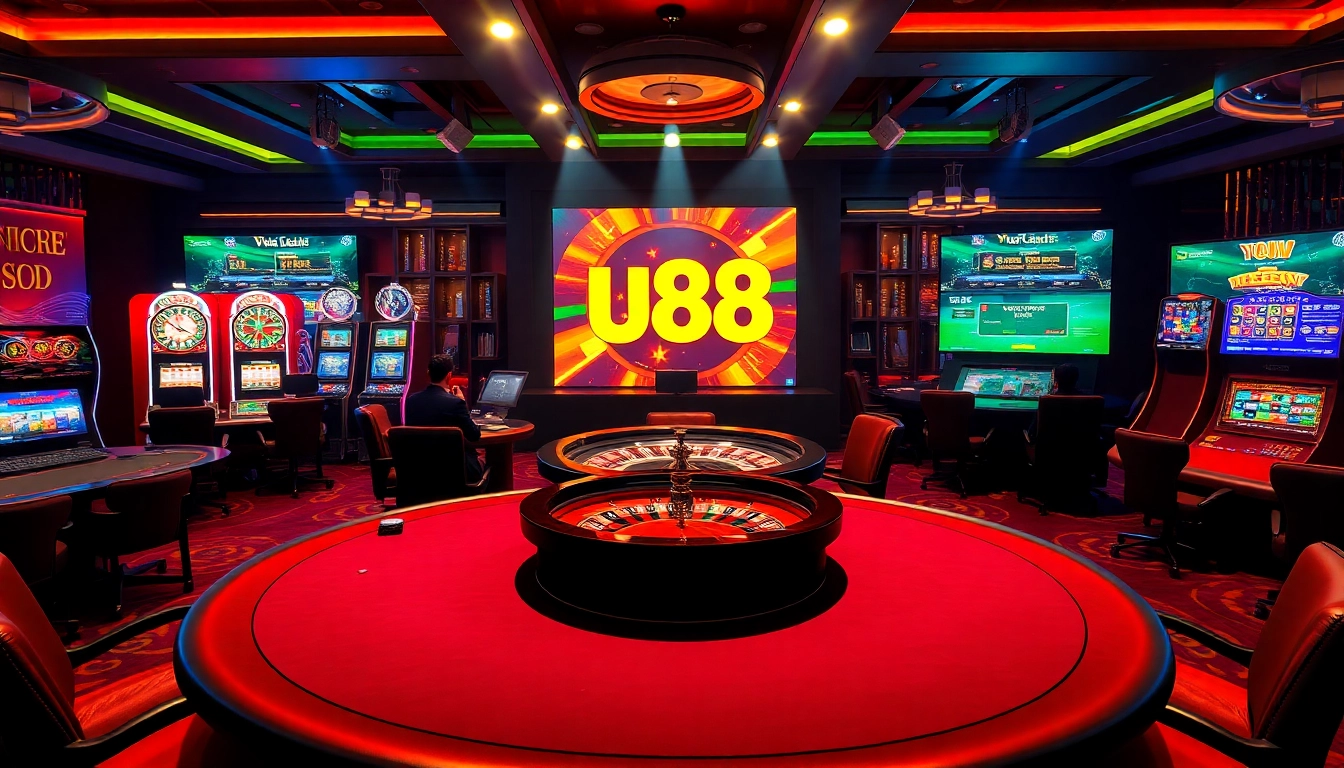 Professional gamblers playing at the uu88 online casino with vibrant slot machines and roulette.