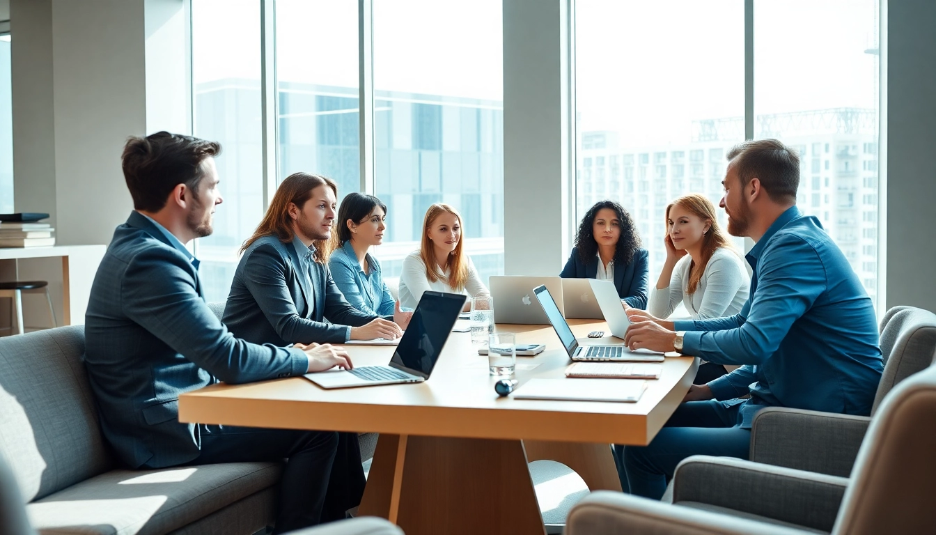 Engaging business discussion among diverse colleagues in a modern office setting.