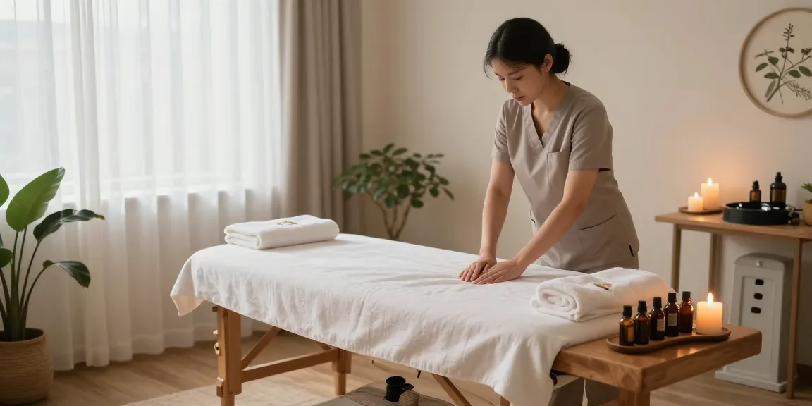 마사지 치료 방에서 편안한 분위기 속에 마사지사가 아로마 오일을 준비하는 모습
