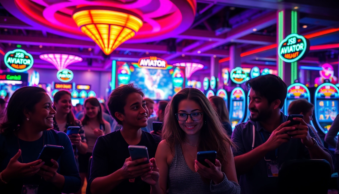 Engaged players enjoying the JSB Aviator game in a vibrant casino setting.