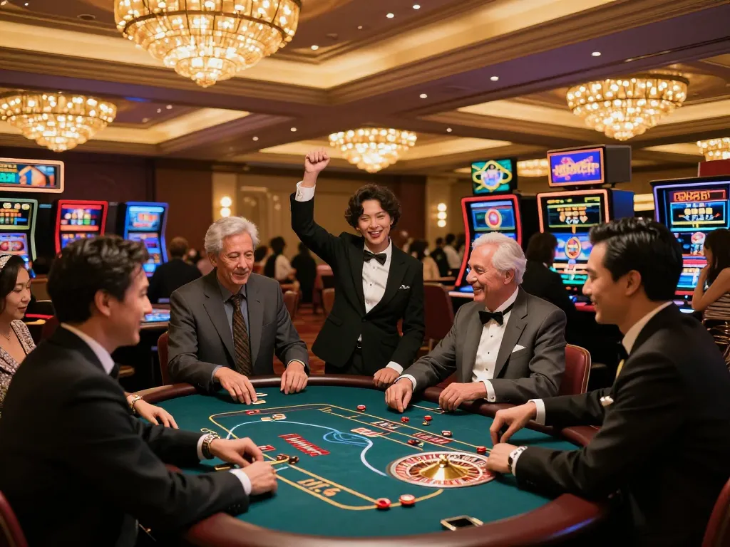 KJC players enjoying diverse casino games in an upscale casino environment, showcasing excitement and responsible gambling practices