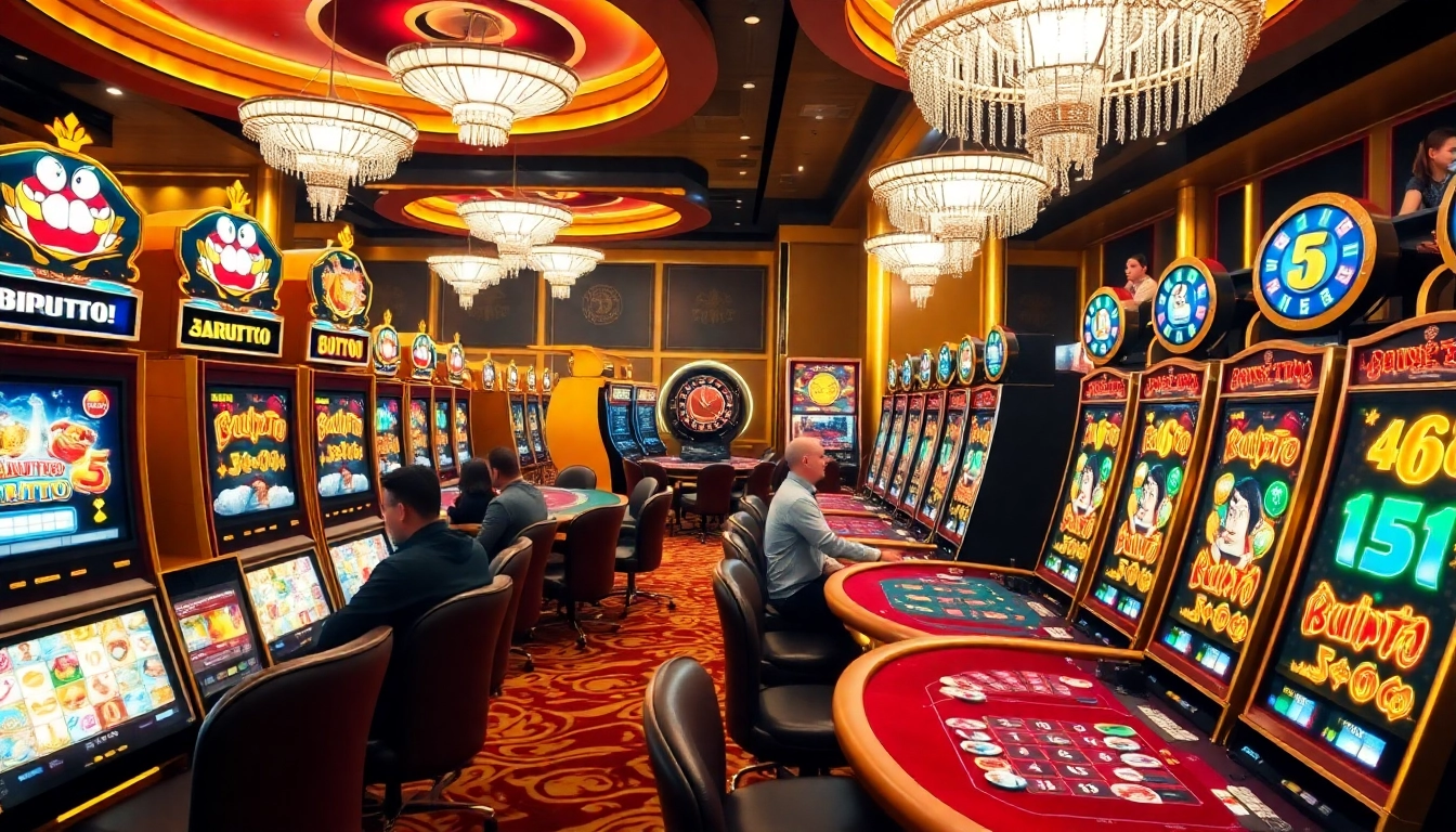 Engaging players enjoy birutoto slots in a vibrant casino atmosphere with colorful machines.