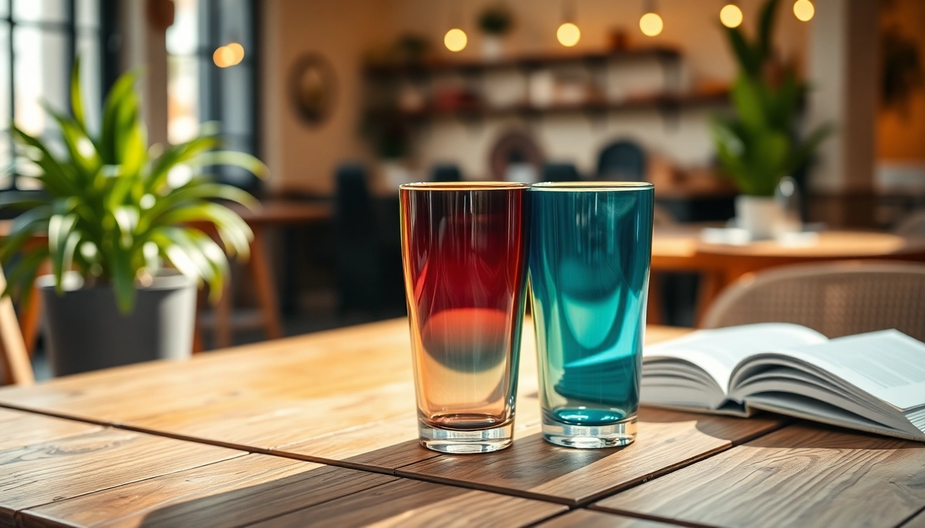 Elegant tumblers placed on a wooden table, showcasing their unique design and color.