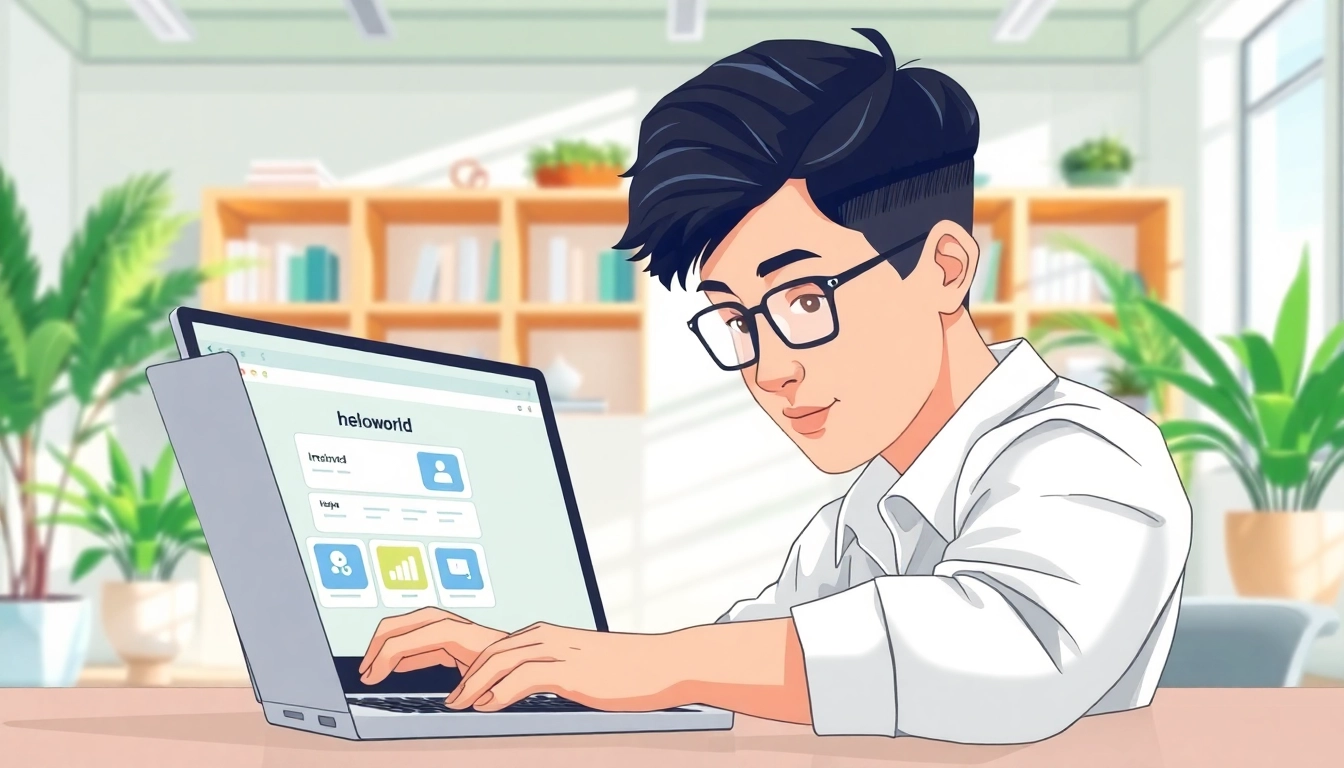 Engaging scene of helloworld电脑版 interface being utilized on a laptop in a vibrant office setting.