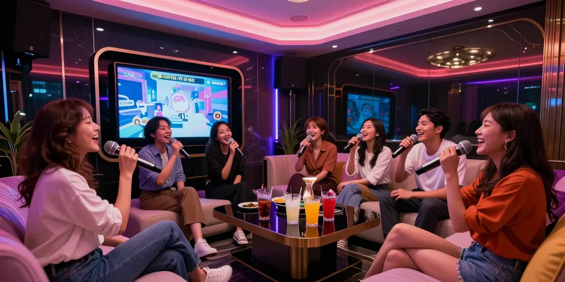 강남 가라오케에서 친구들과 즐겁게 노래하며 프라이빗한 분위기를 만끽하는 모습