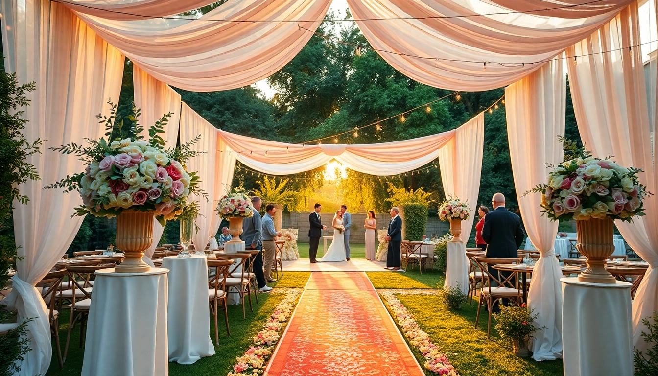 Stunning Weddings Venue featuring elegant decorations and a lush garden setting.