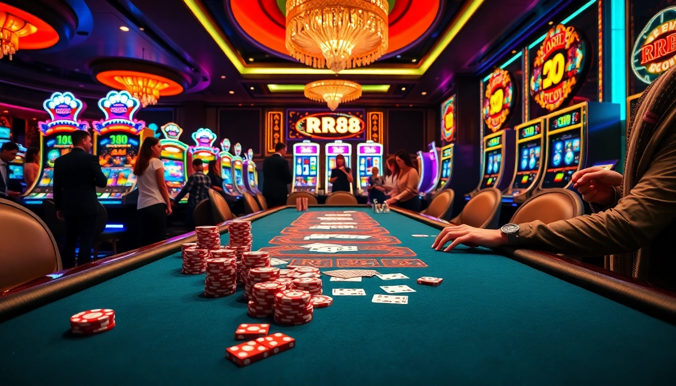 Players enjoying RR88 gaming experience at a luxurious casino table with vibrant slot machines.