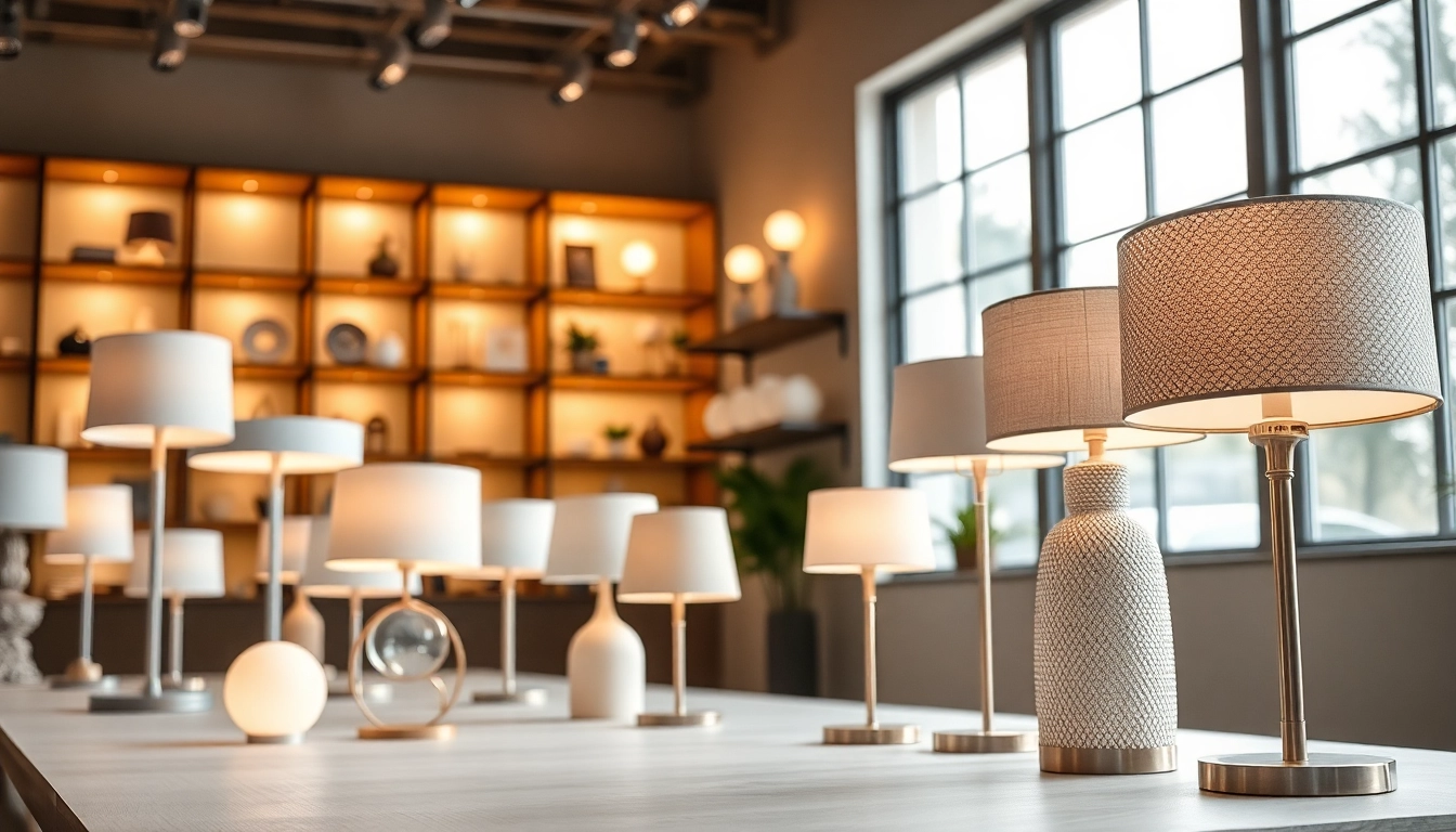 Showcase diverse ELC Lamps Online highlighting unique designs in an inviting retail setting.