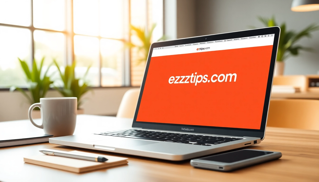 Engaging workspace with a laptop displaying https://eztips.com, a notepad, and coffee.