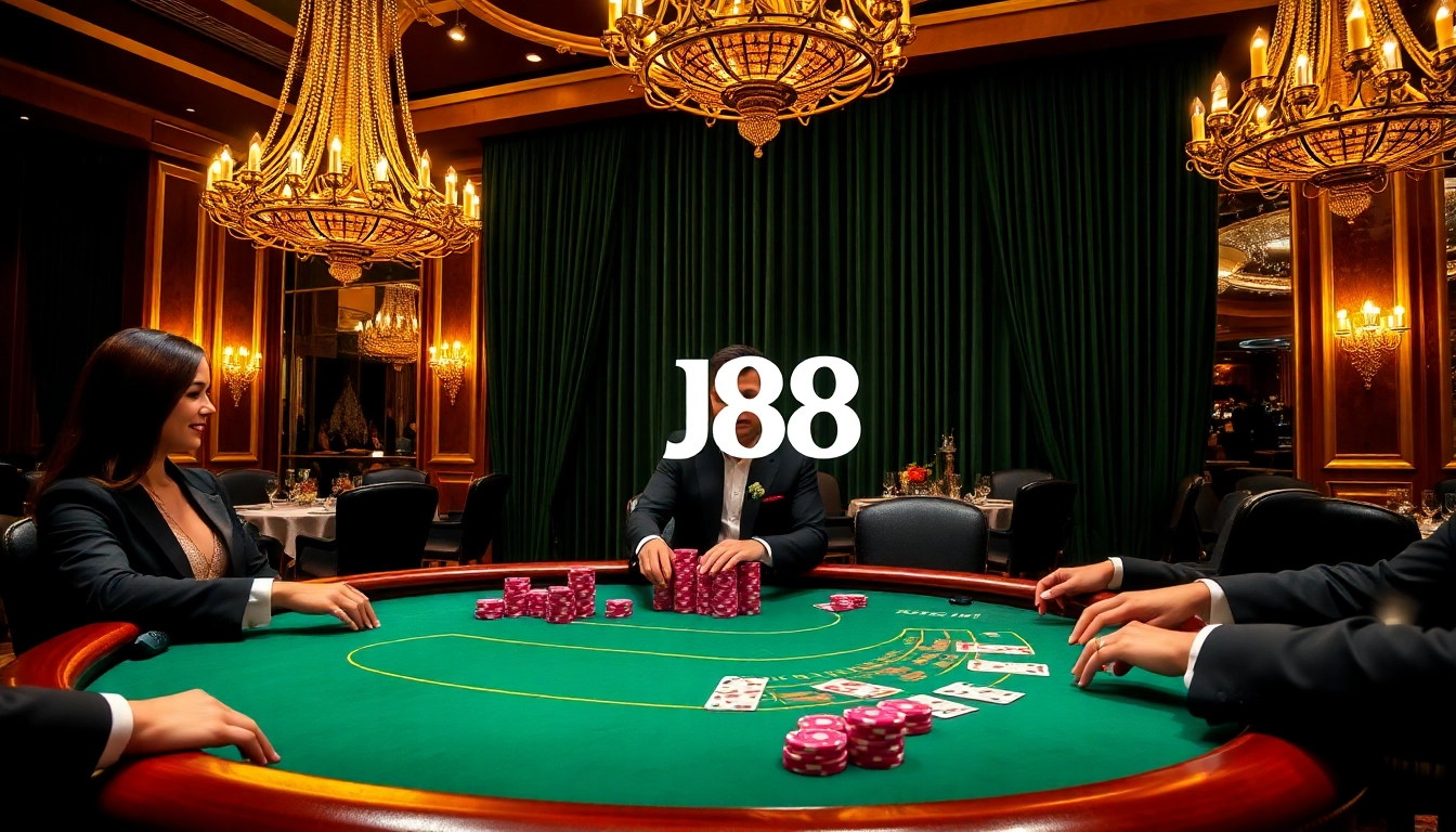 Experience high-stakes poker with J88 players at a luxurious casino table.