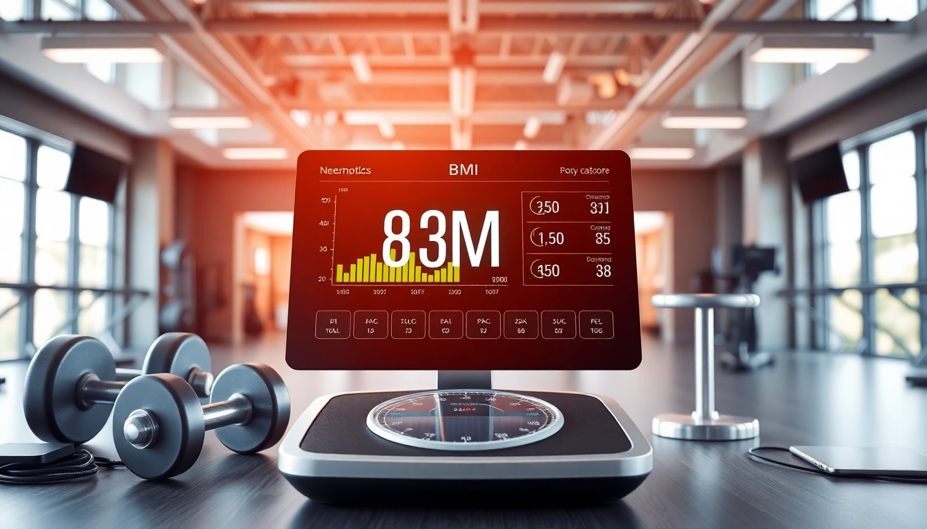 Calculate your bmi calculator in a modern fitness setting showcasing health metrics.