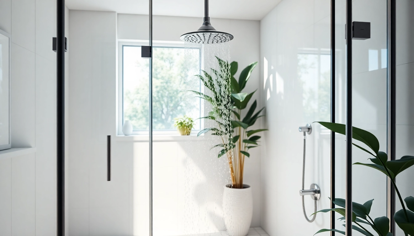 Experience elegant showers au with this luxurious modern shower design featuring lush greenery.