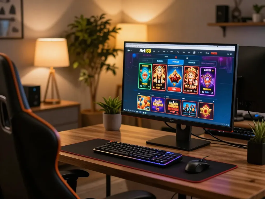 Engaging online gaming setup for Bet168 featuring a vibrant casino interface and comfortable atmosphere.