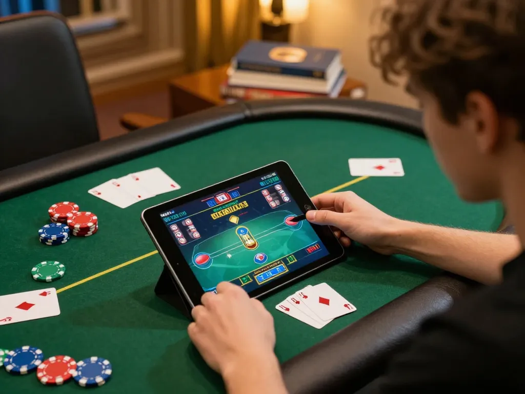 Player enjoying online gaming at 8k8 on tablet, showcasing strategic engagement in a cozy setting