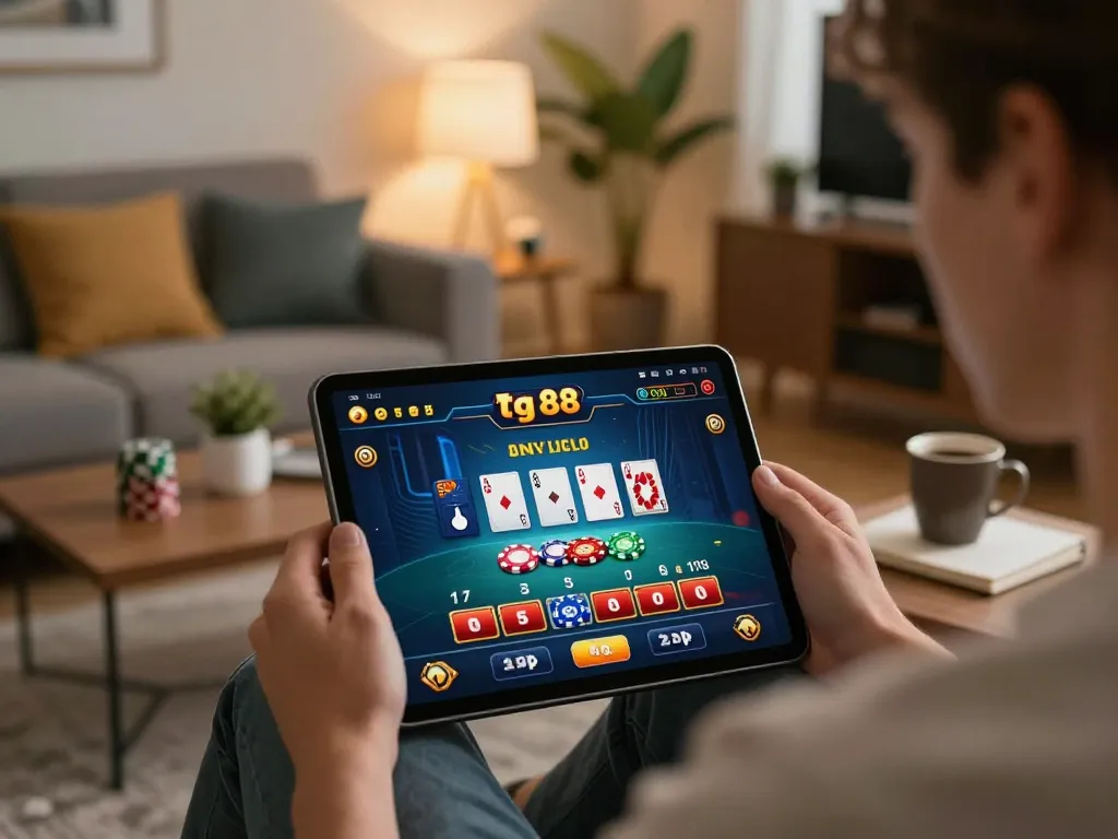 Player engaging with tg 88 online casino app on tablet, surrounded by strategic notes in cozy living room