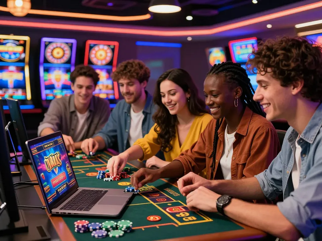 Exciting online gambling scene showcasing friends playing nohu 78 slots with dynamic atmosphere.