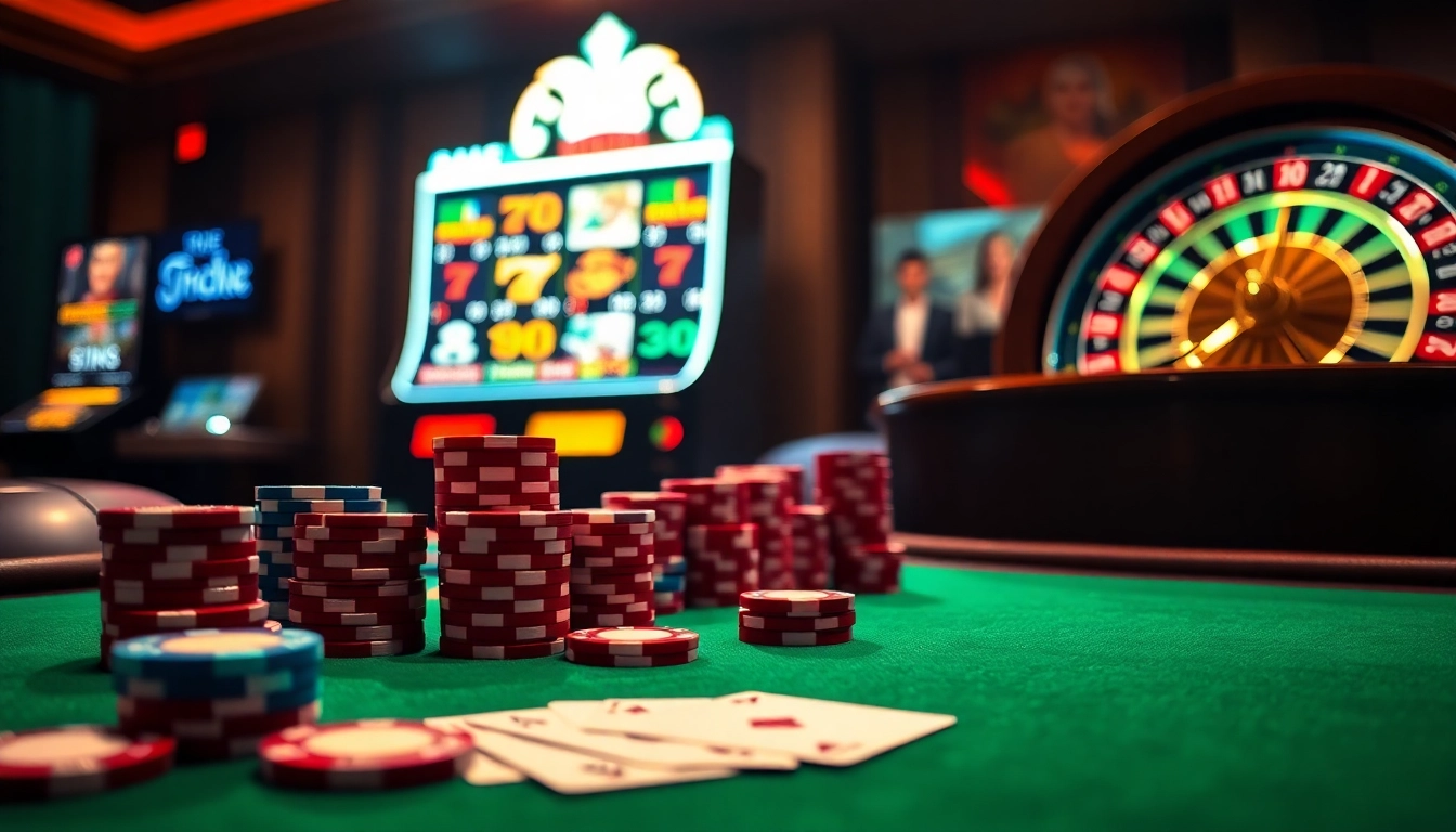 Scène de casino en ligne passionnante avec des jetons de poker, des cartes et une roue de roulette.
