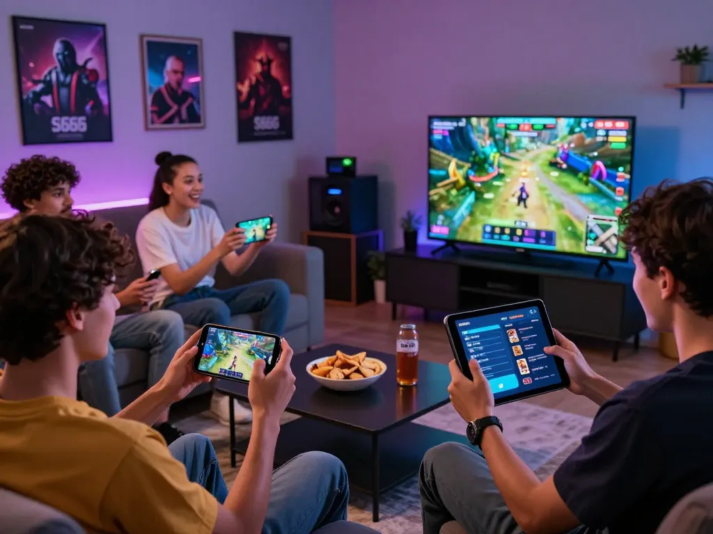 S666 gaming scene with friends enjoying the app on devices in a lively living room.