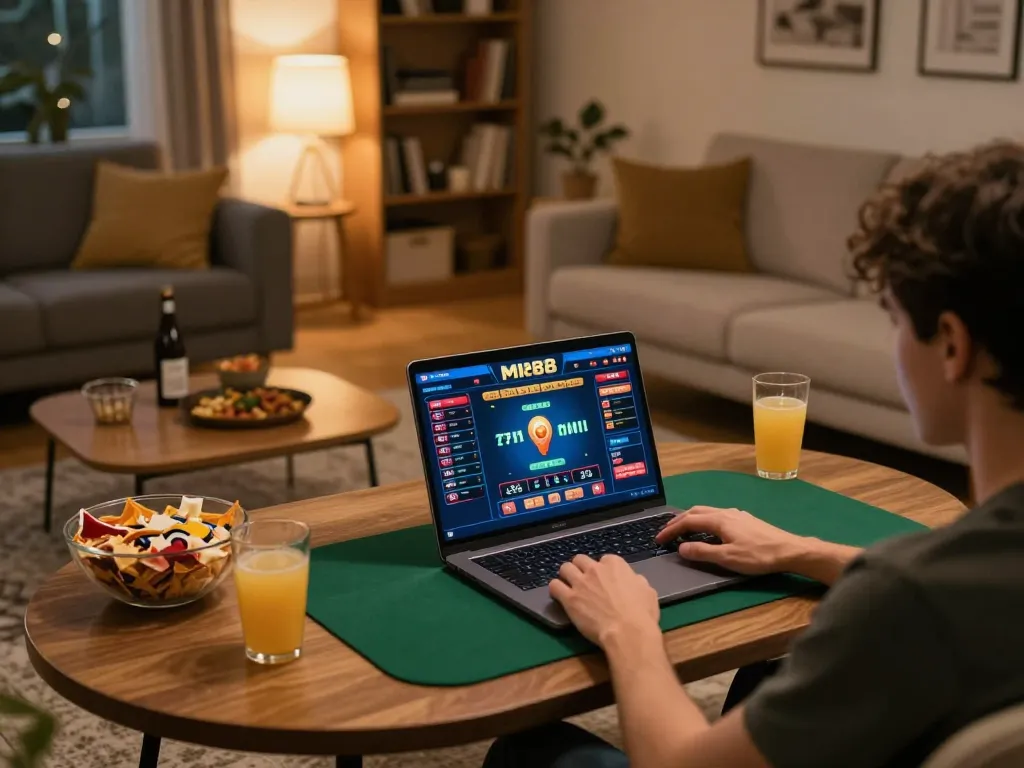 Engaging online gambling experience with MI88 on a laptop at home, showcasing strategic gameplay.