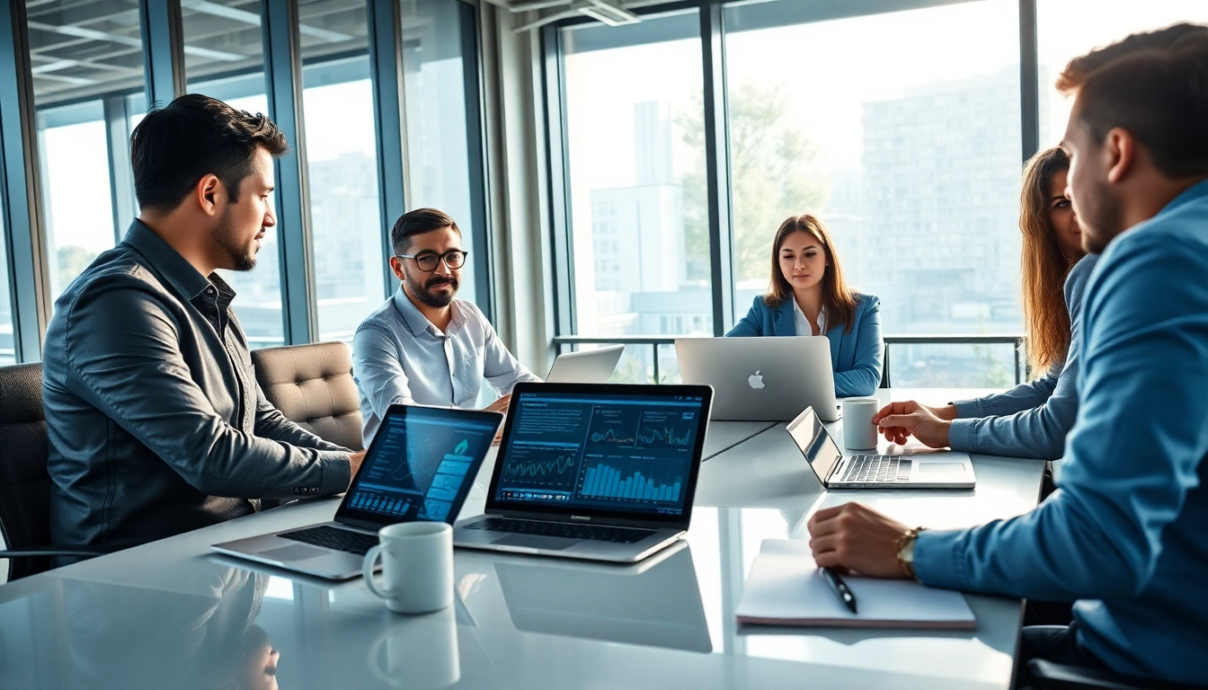 Showcasing managed services team engaged in collaborative strategy discussions with technology tools and data.