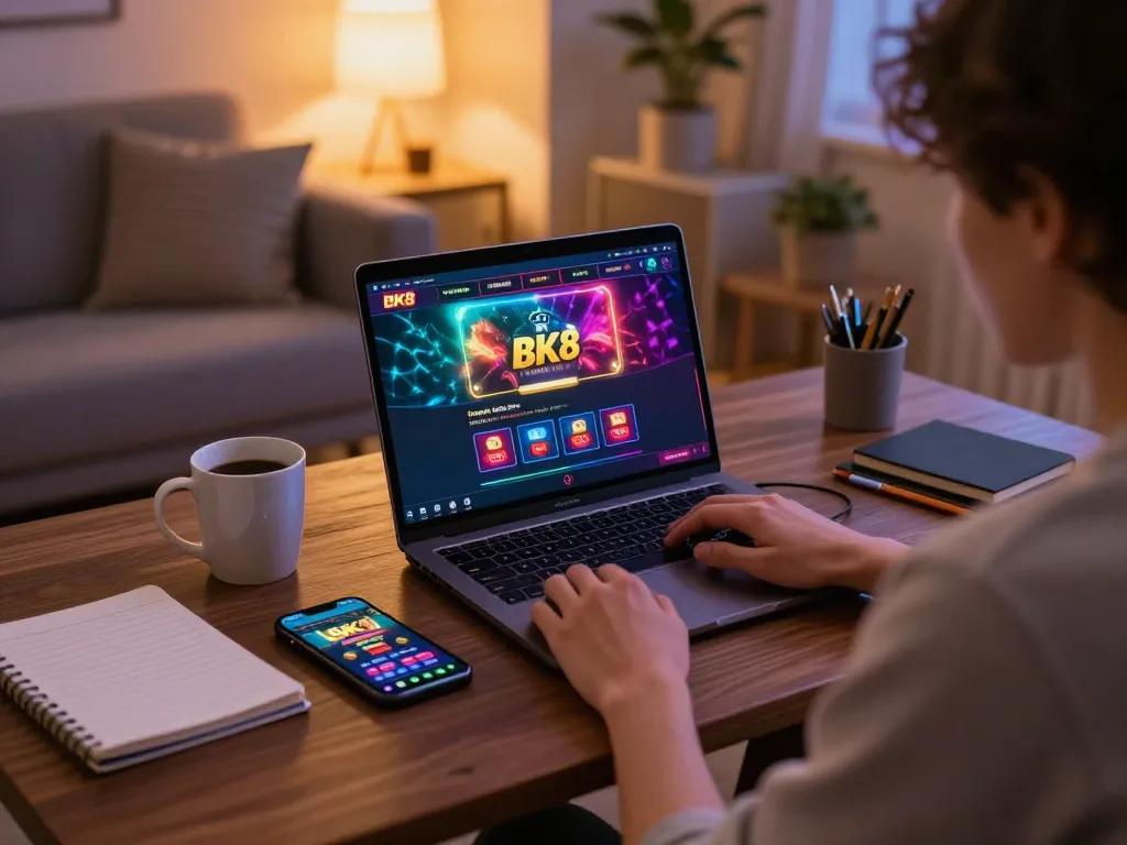 Engaging in bk8 online casino gaming with a laptop and smartphone at home