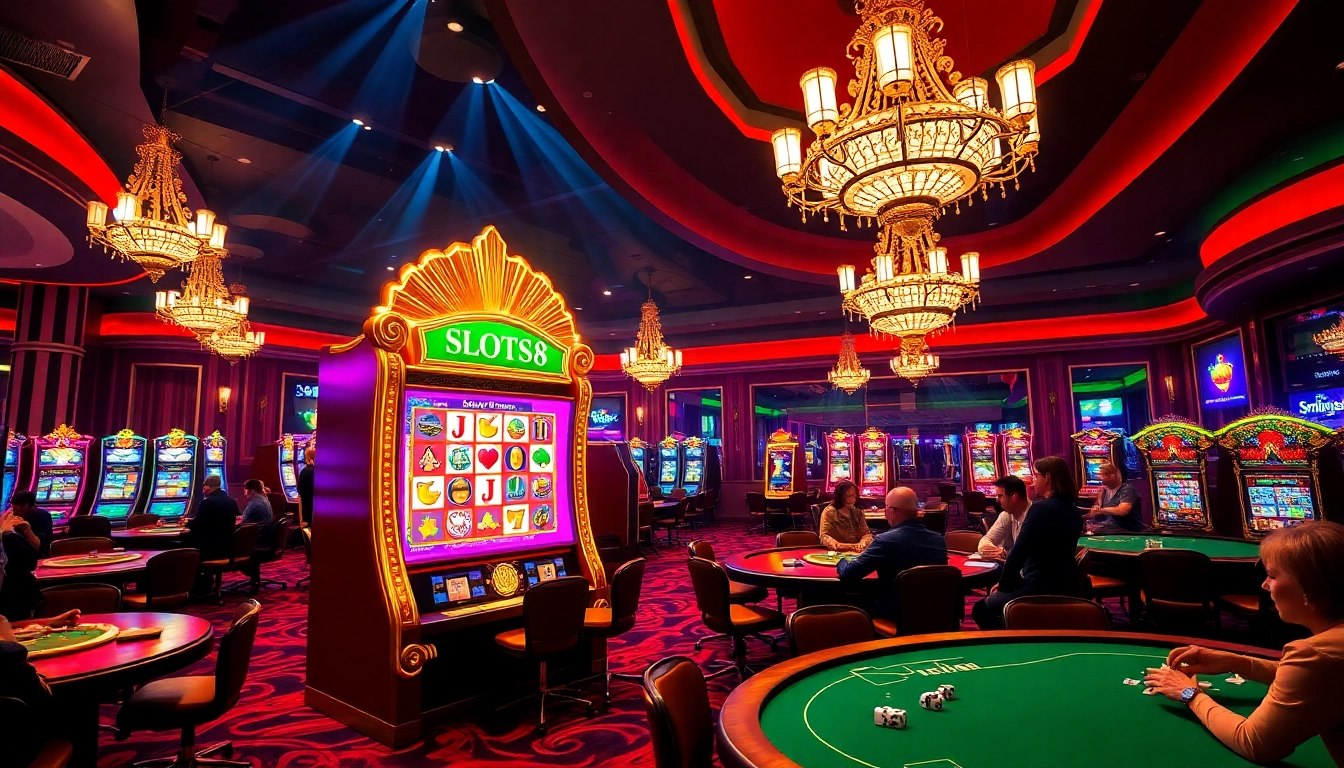 Experience the thrill of playing SLOTS8 at a luxurious casino with vibrant slot machines and enthusiastic gamblers.