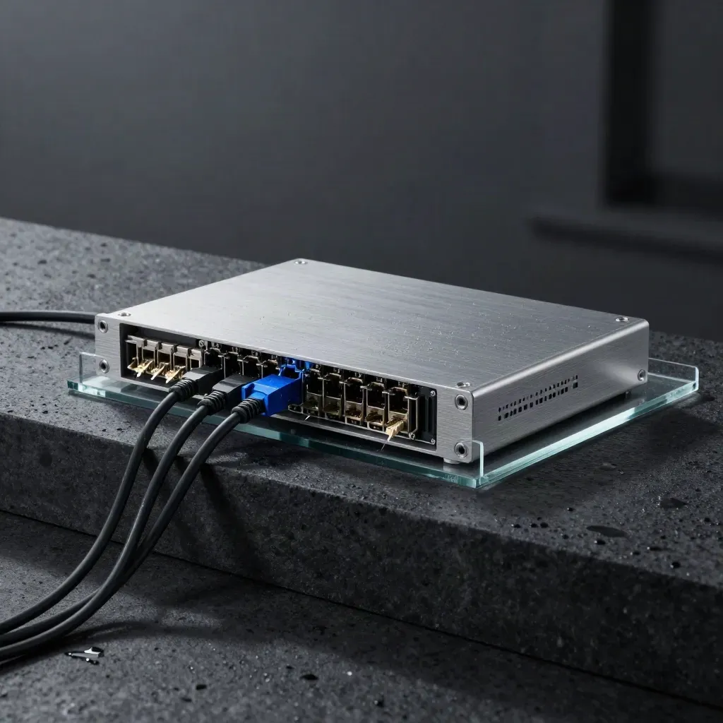 Brushed server chassis with braided ethernet and glass token tray on basalt in dawn mist.