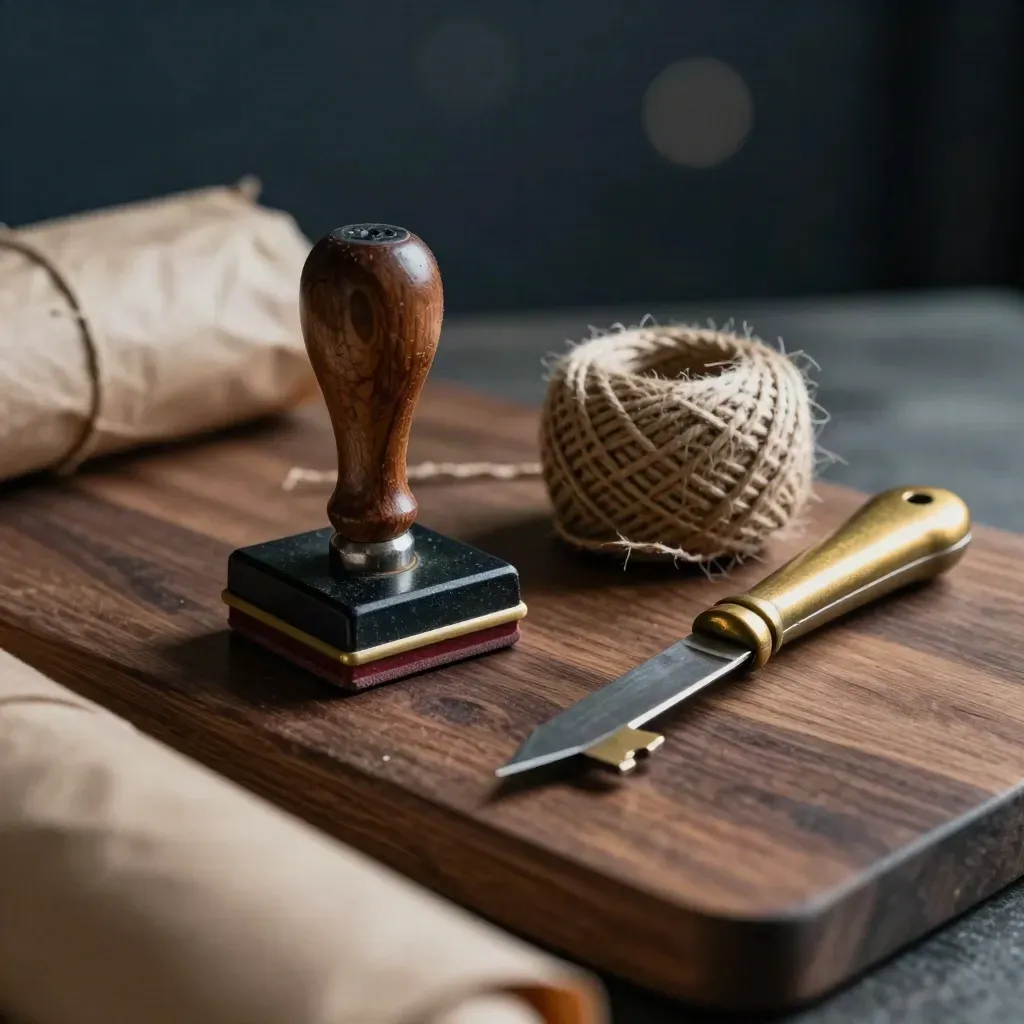 Walnut still life of a rubber stamp, shipping twine, and brass parcel knife in dramatic light.