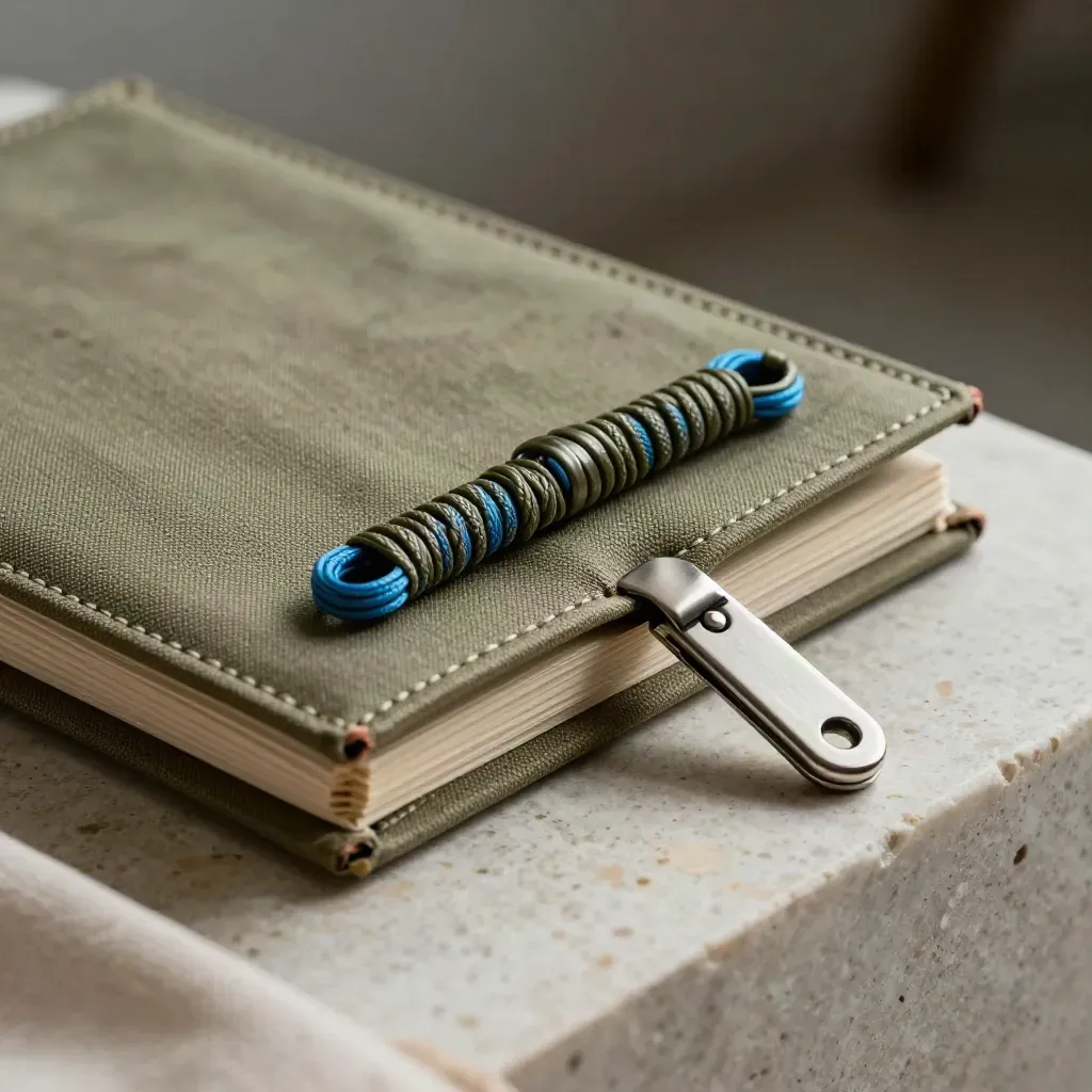 Closed binder, braided cable, and aluminum dongle on pale stone with soft directional light.