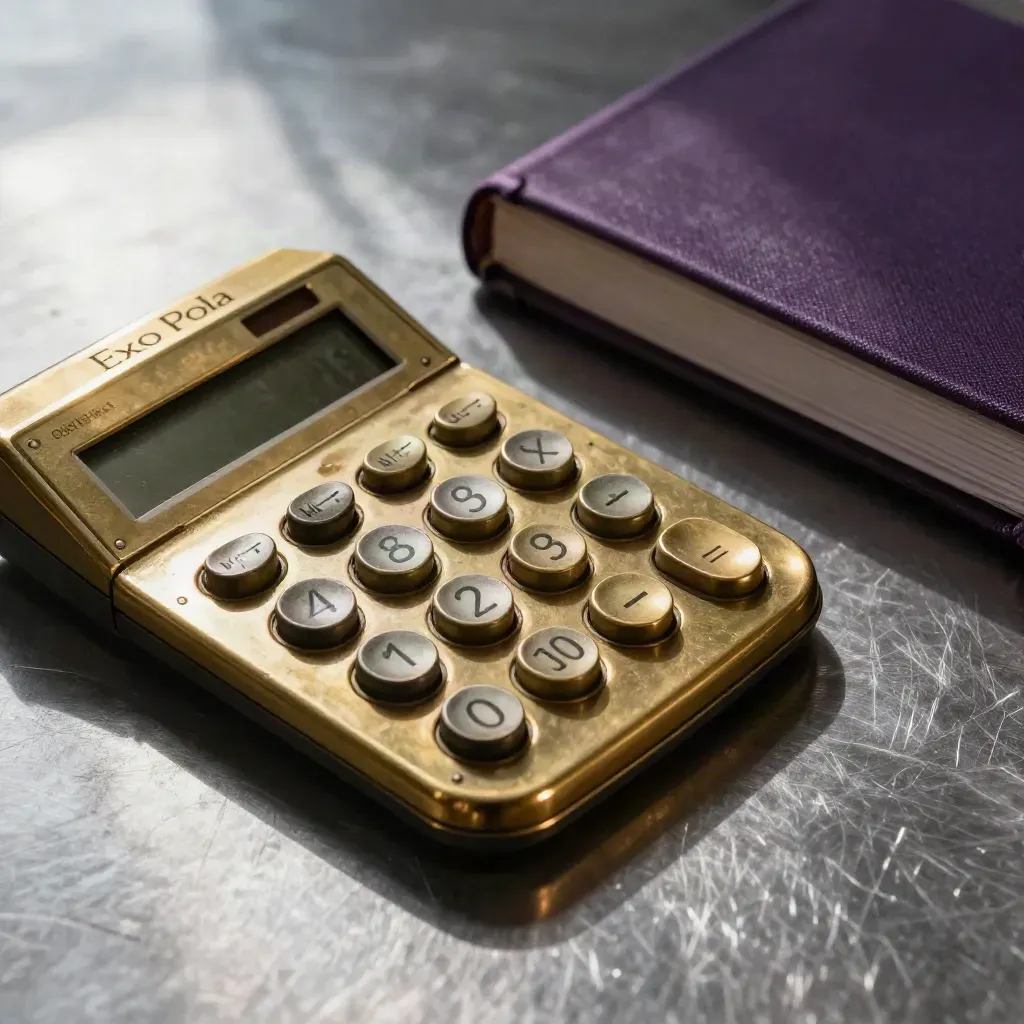 Brass calculator, archive clips, and closed ledger book on brushed metal
